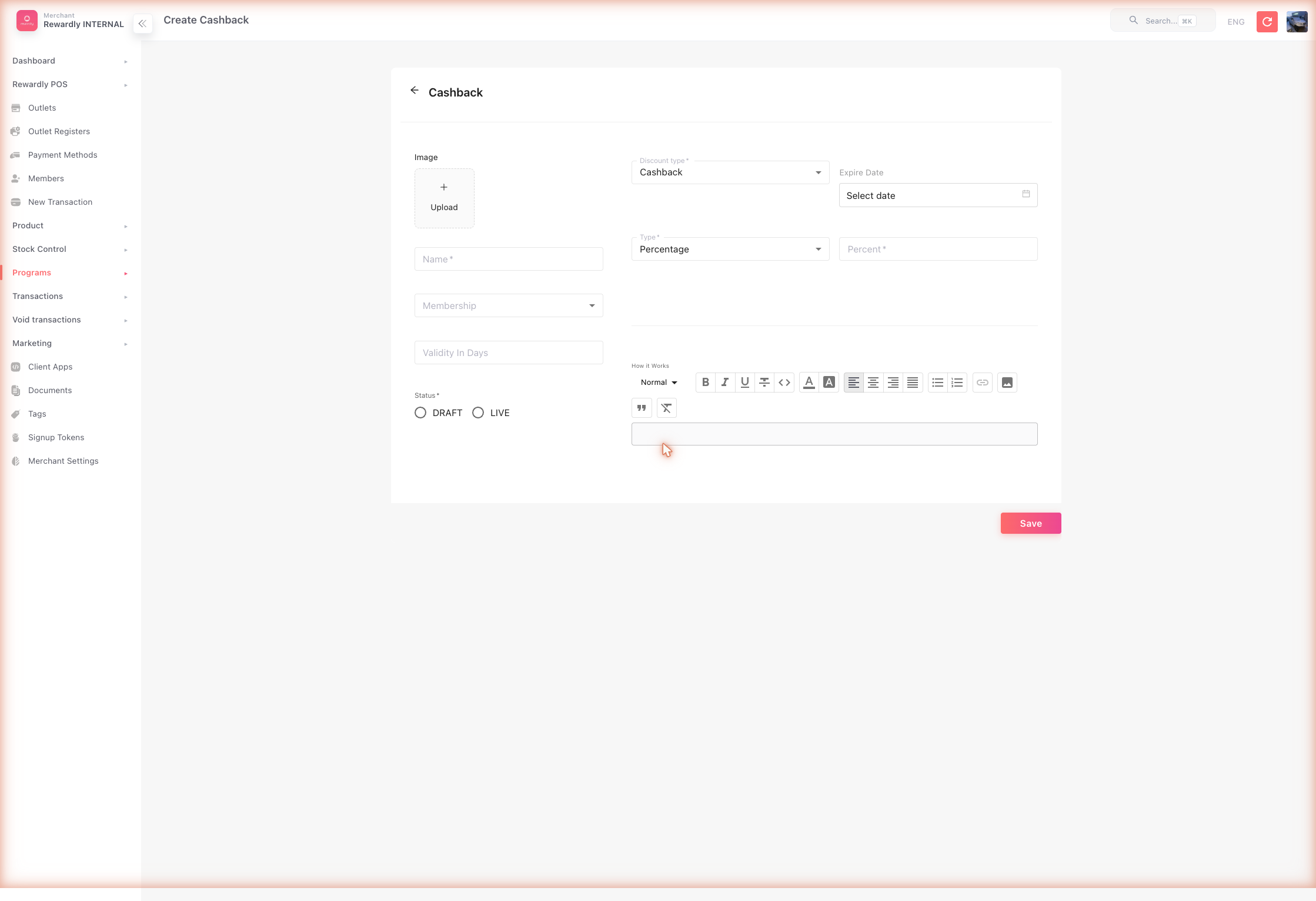 Cashback Programs → Create form