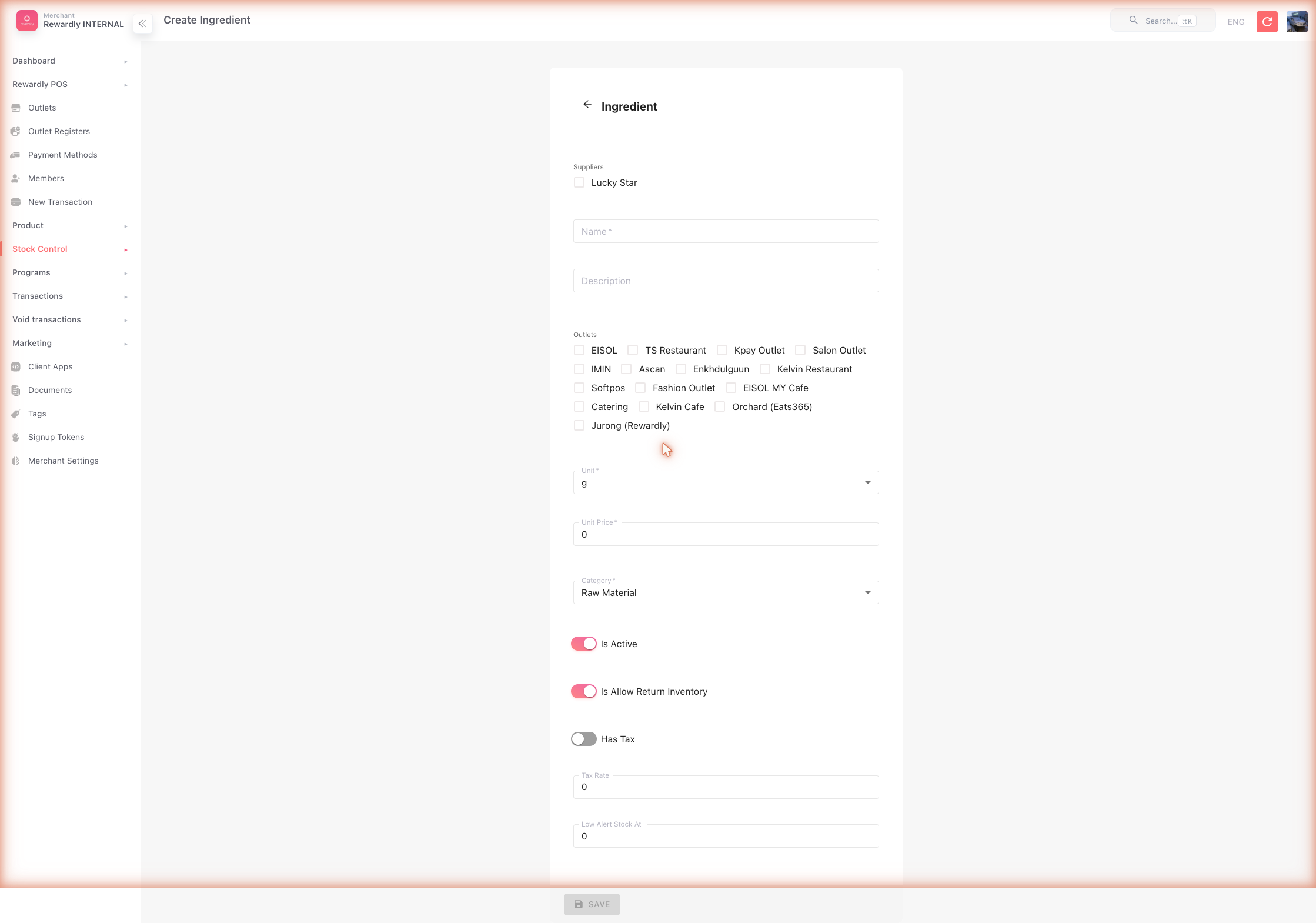 Stock Control → Ingredients → Create form
