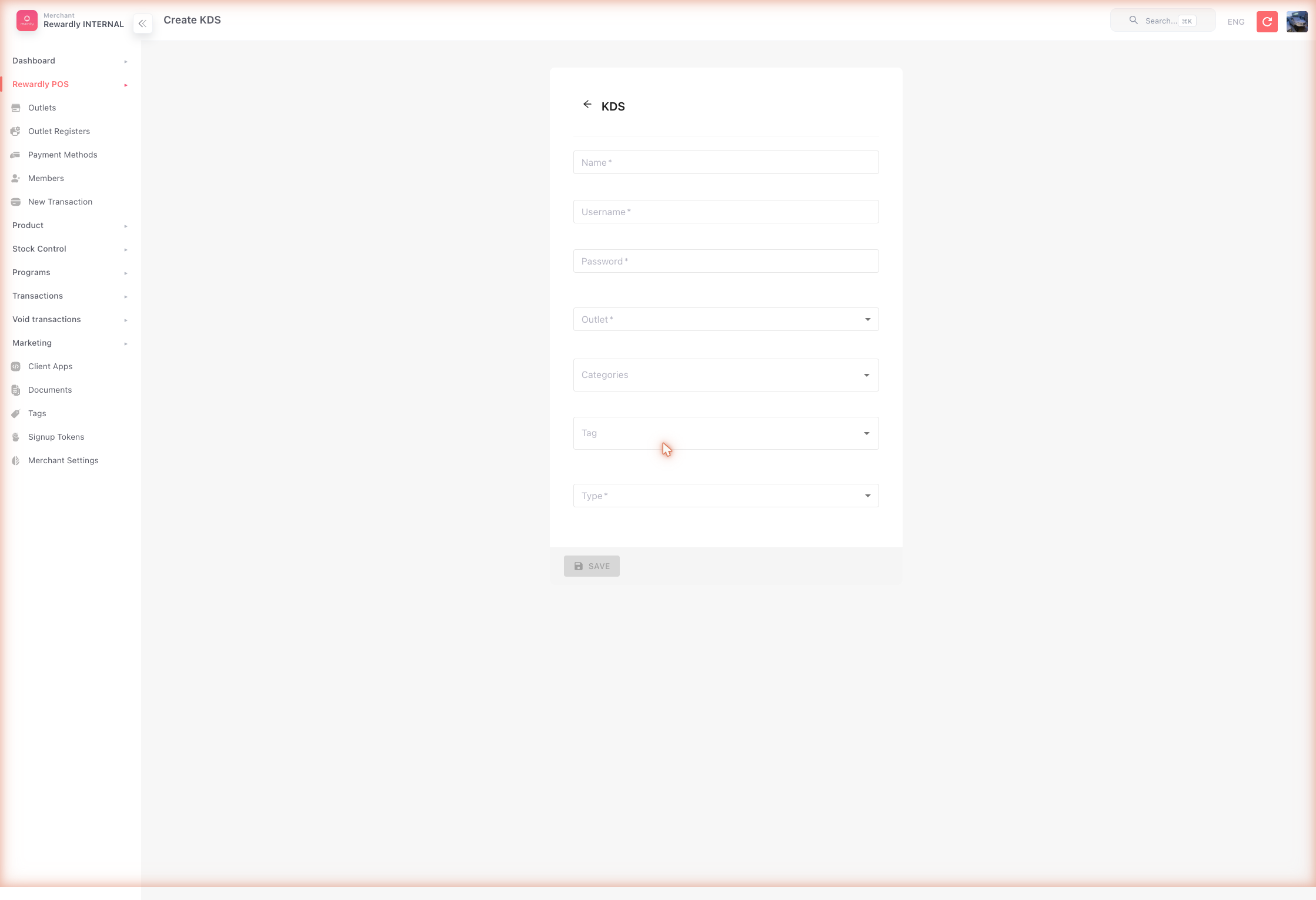 KDS → Create form
