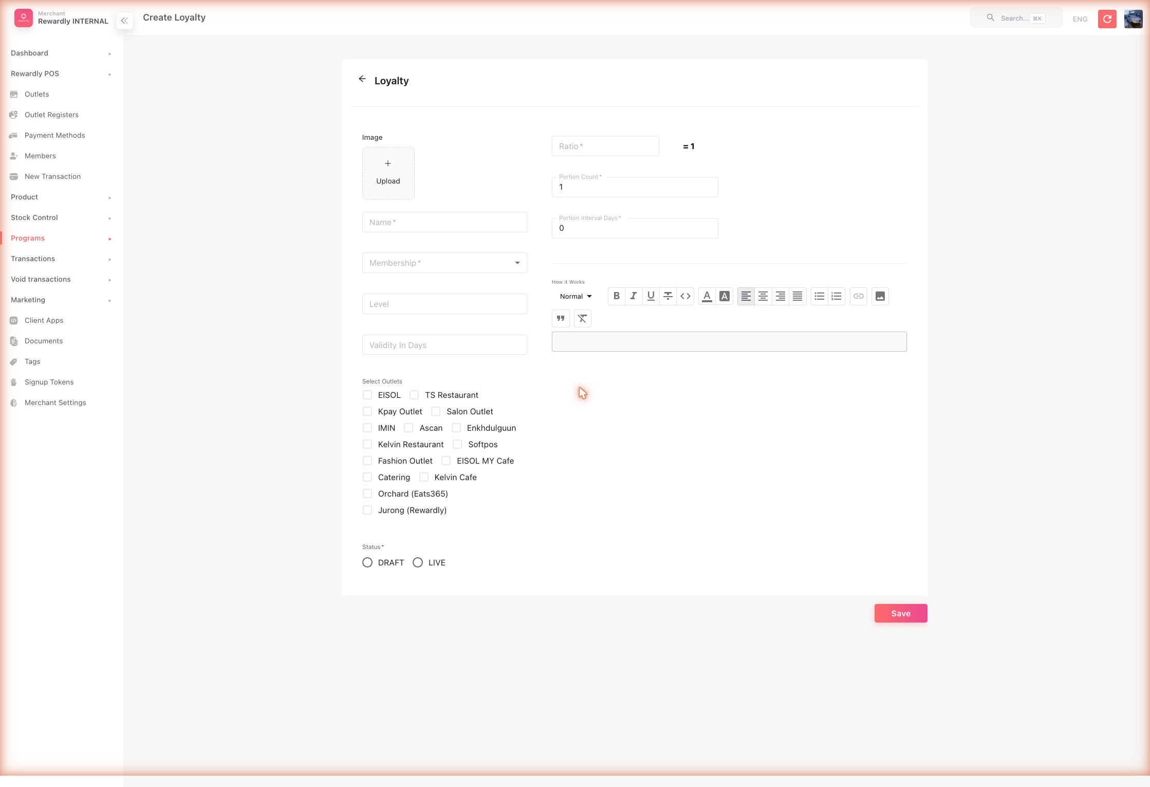 Loyalty Programs → Create form, with Membership and Ratio