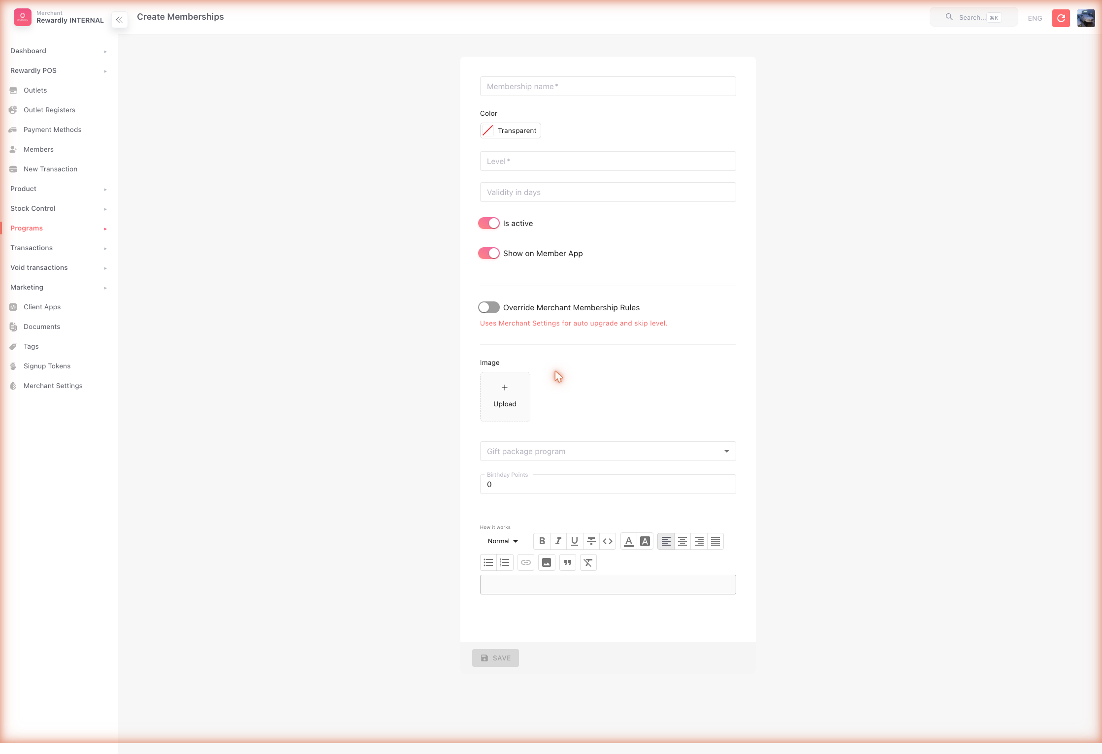 Memberships → Create form