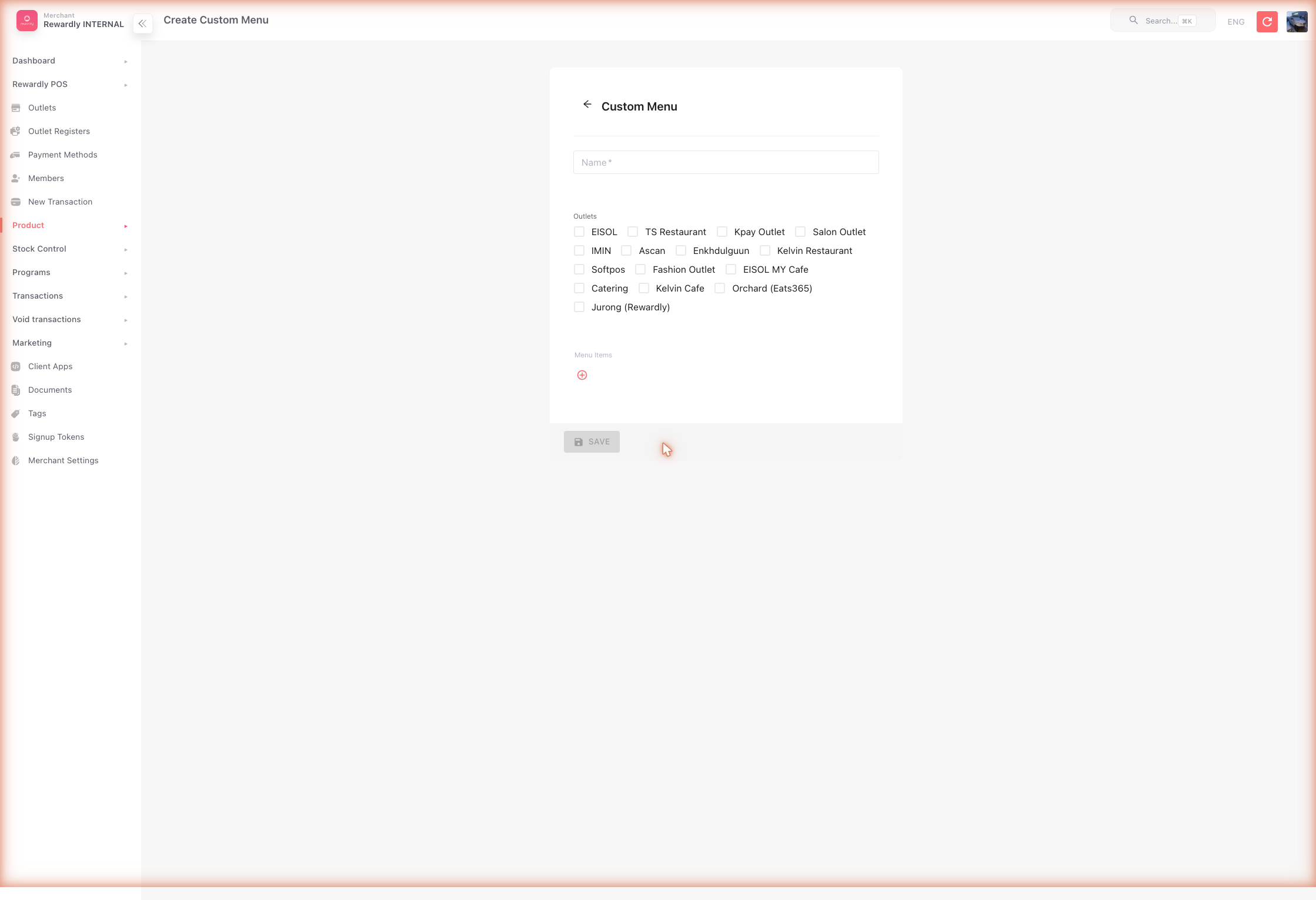Menus → Create form