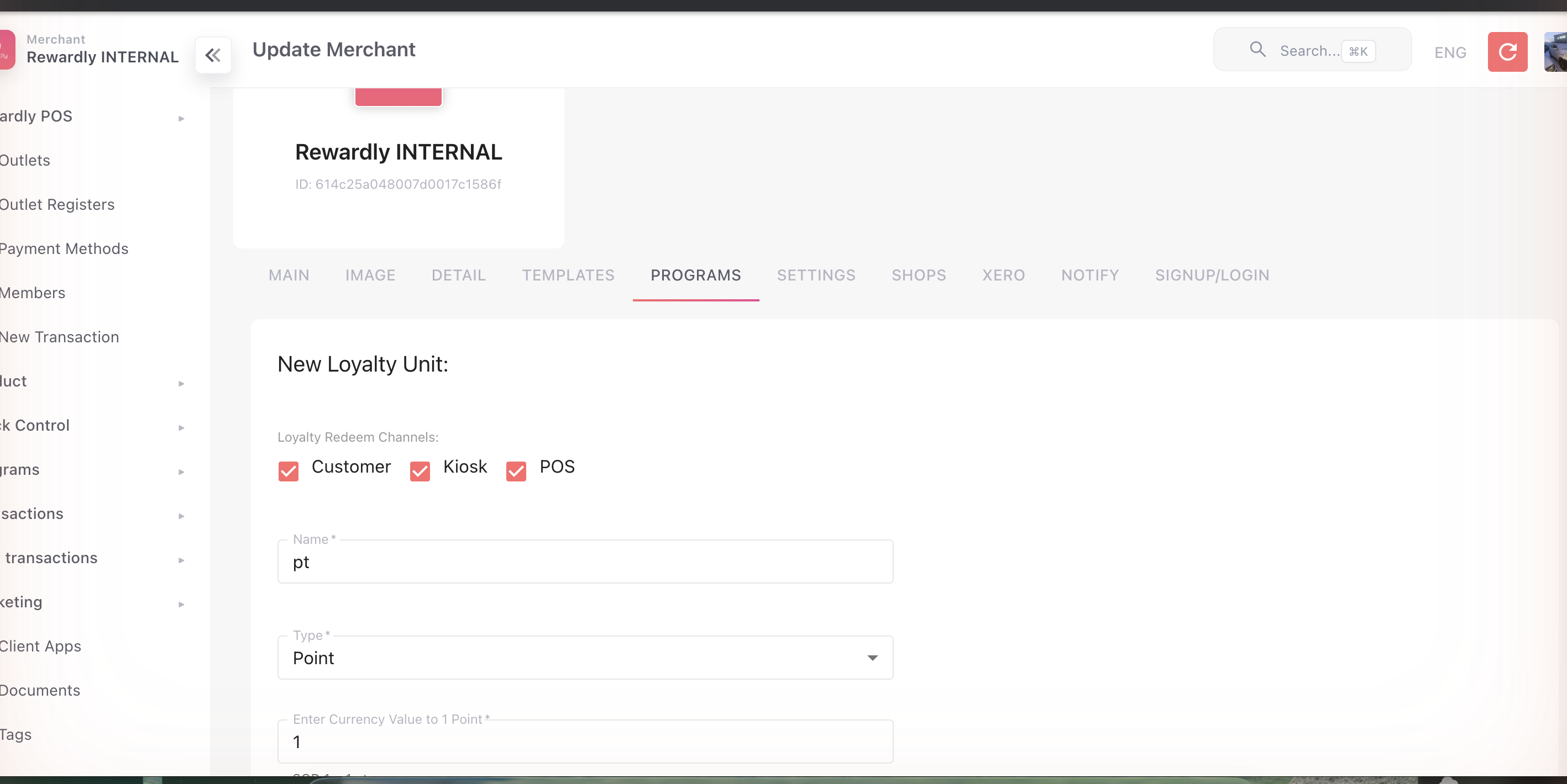 Merchant Settings → Programs tab