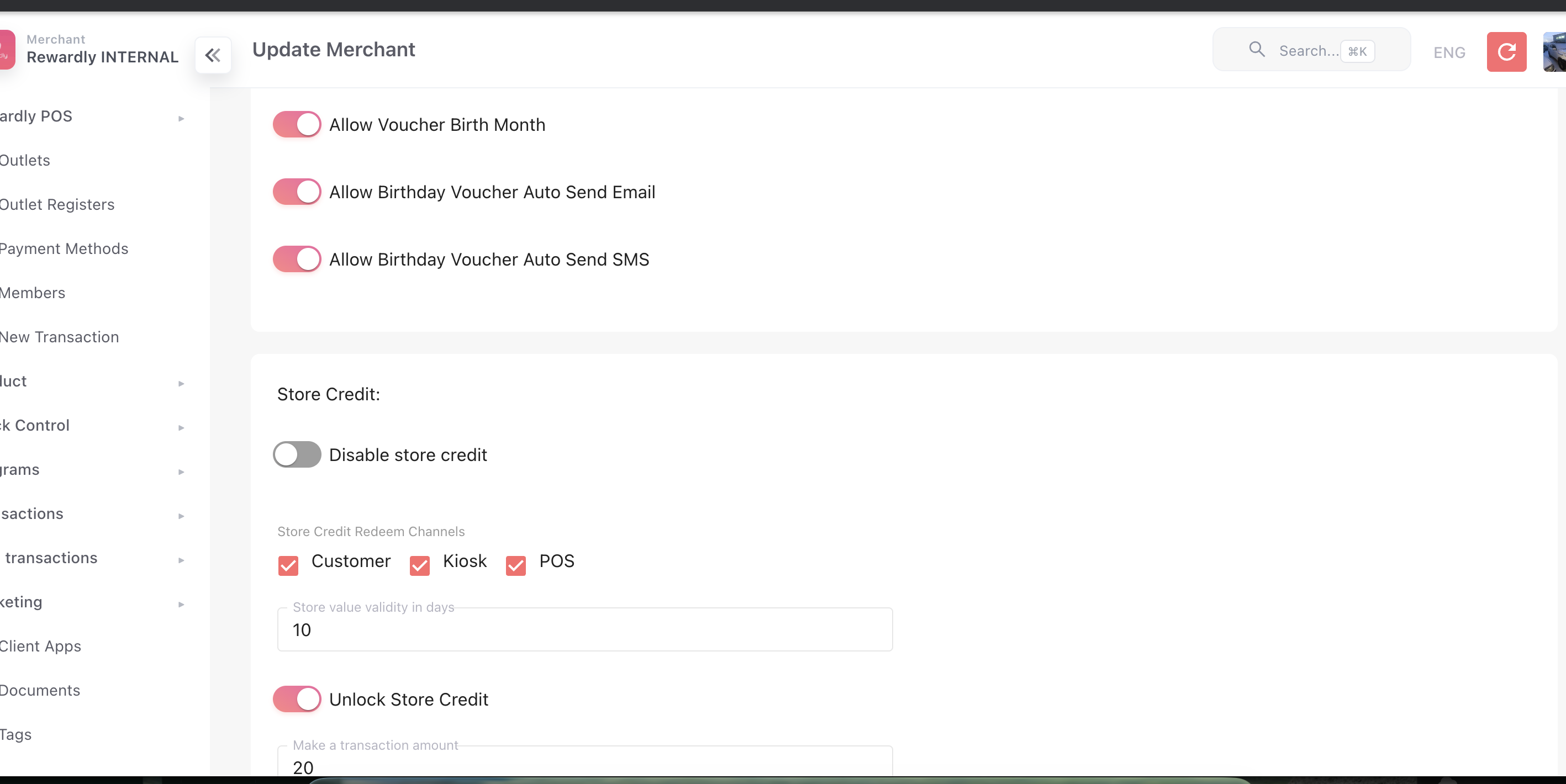 Merchant Settings → Programs tab → store credit section