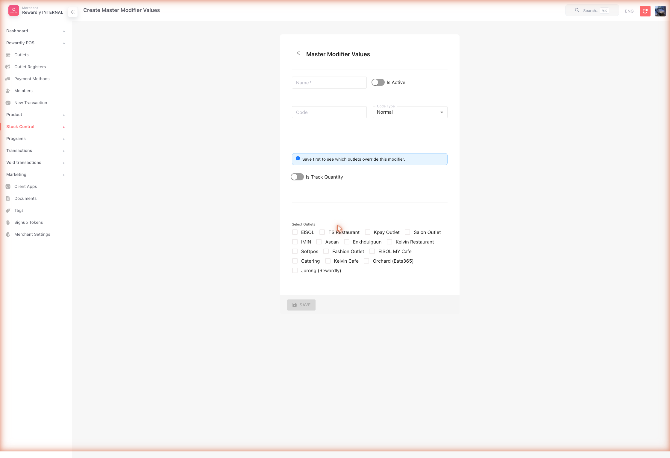 Stock Control → Modifier Values → form