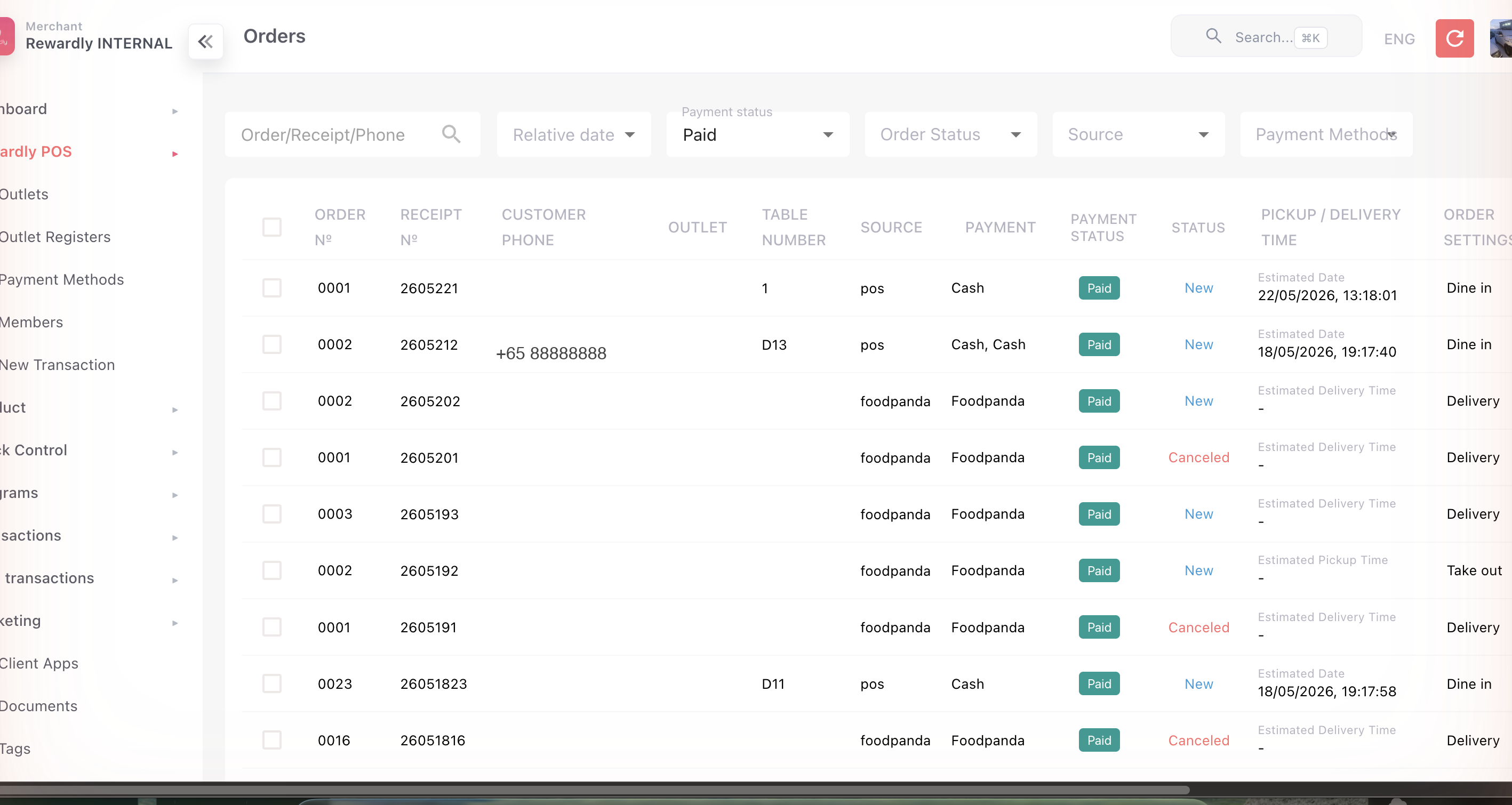 Orders list with filters