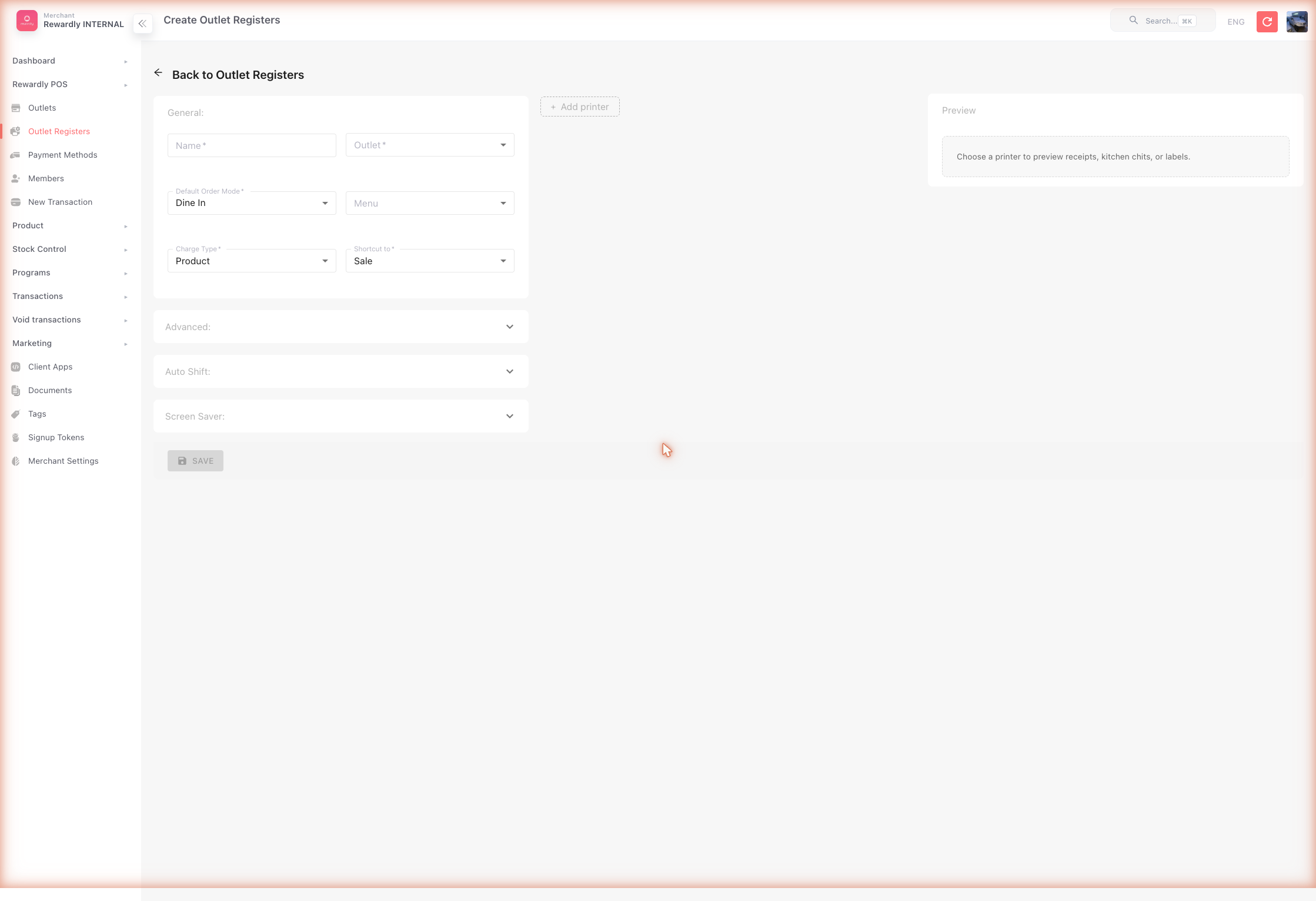 Outlet Registers → Create form