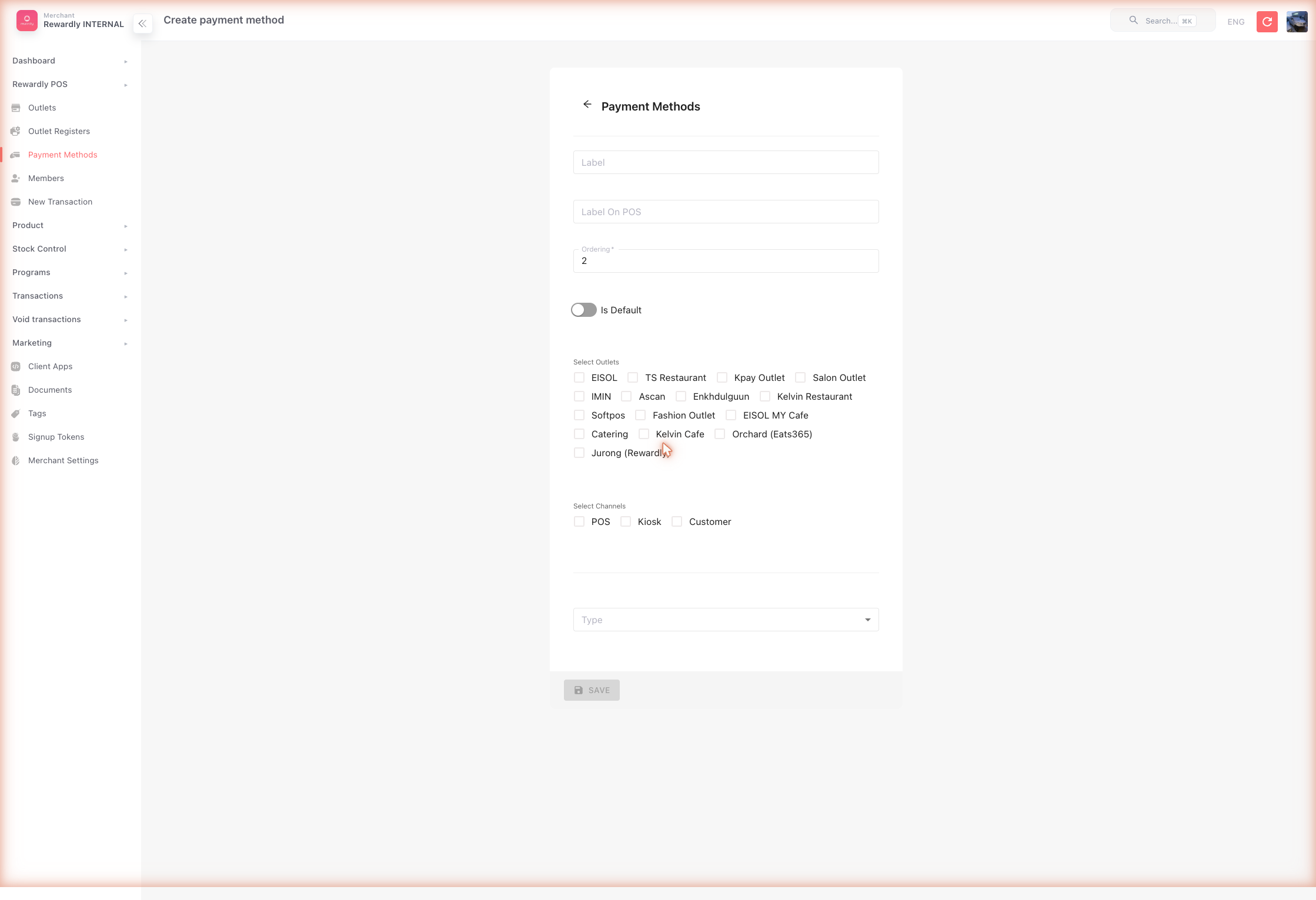 Payment Methods → Create form