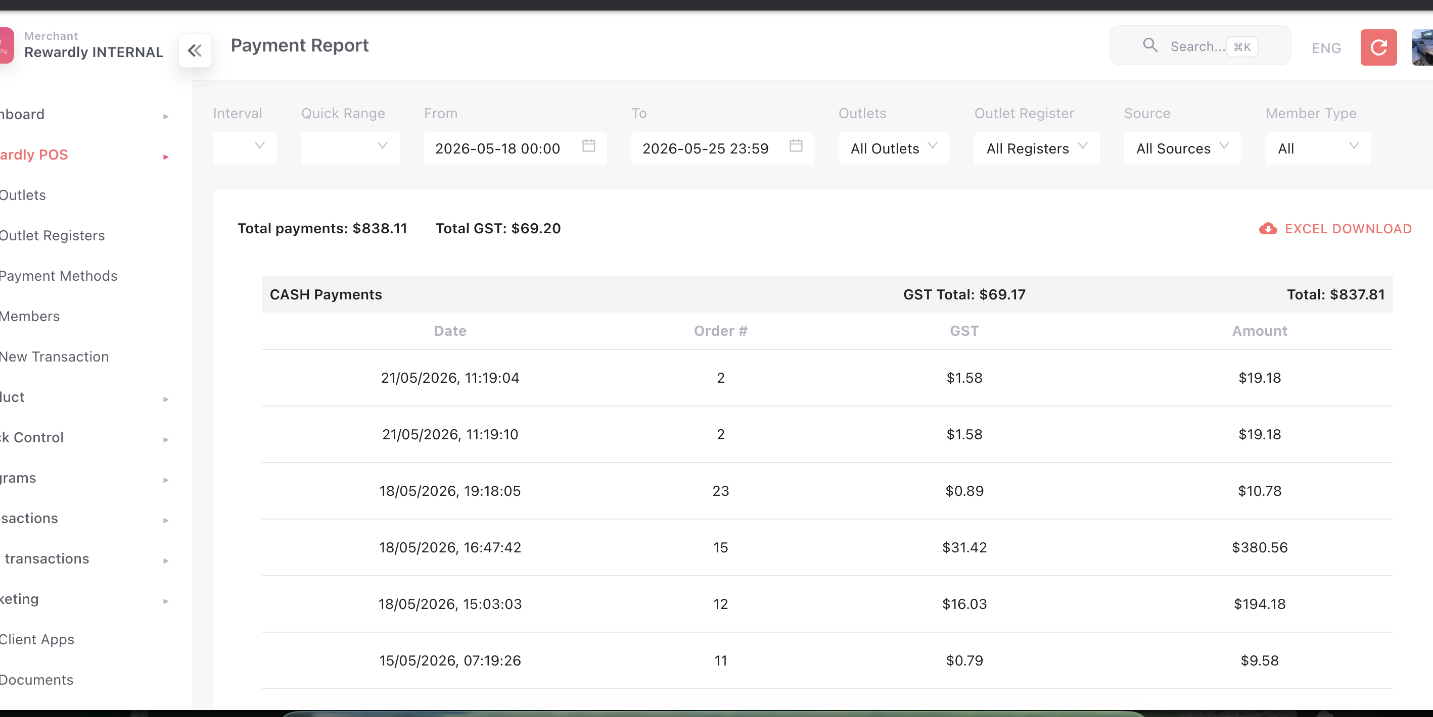 Payment Report with the filter bar
