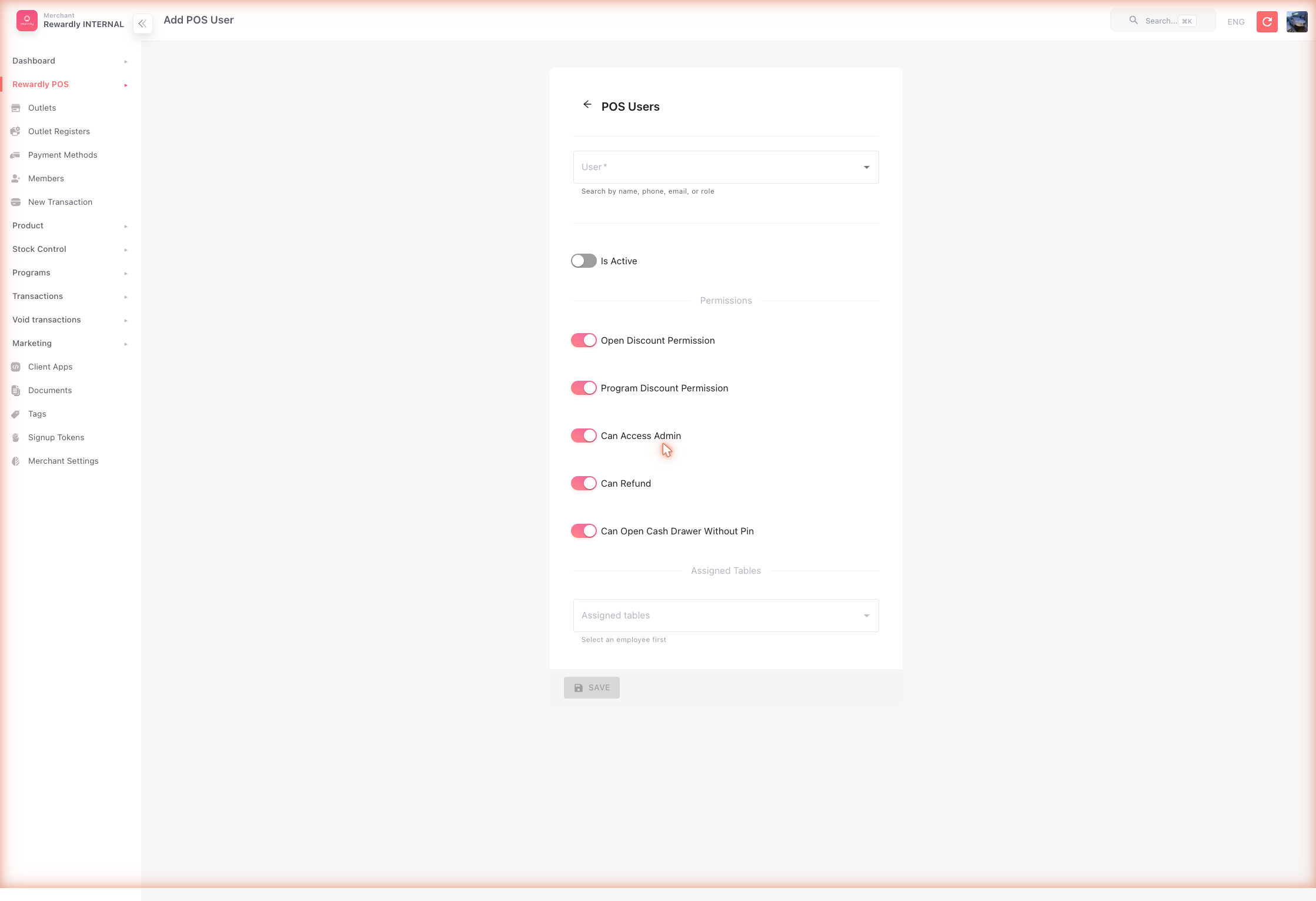 POS Users → Create form