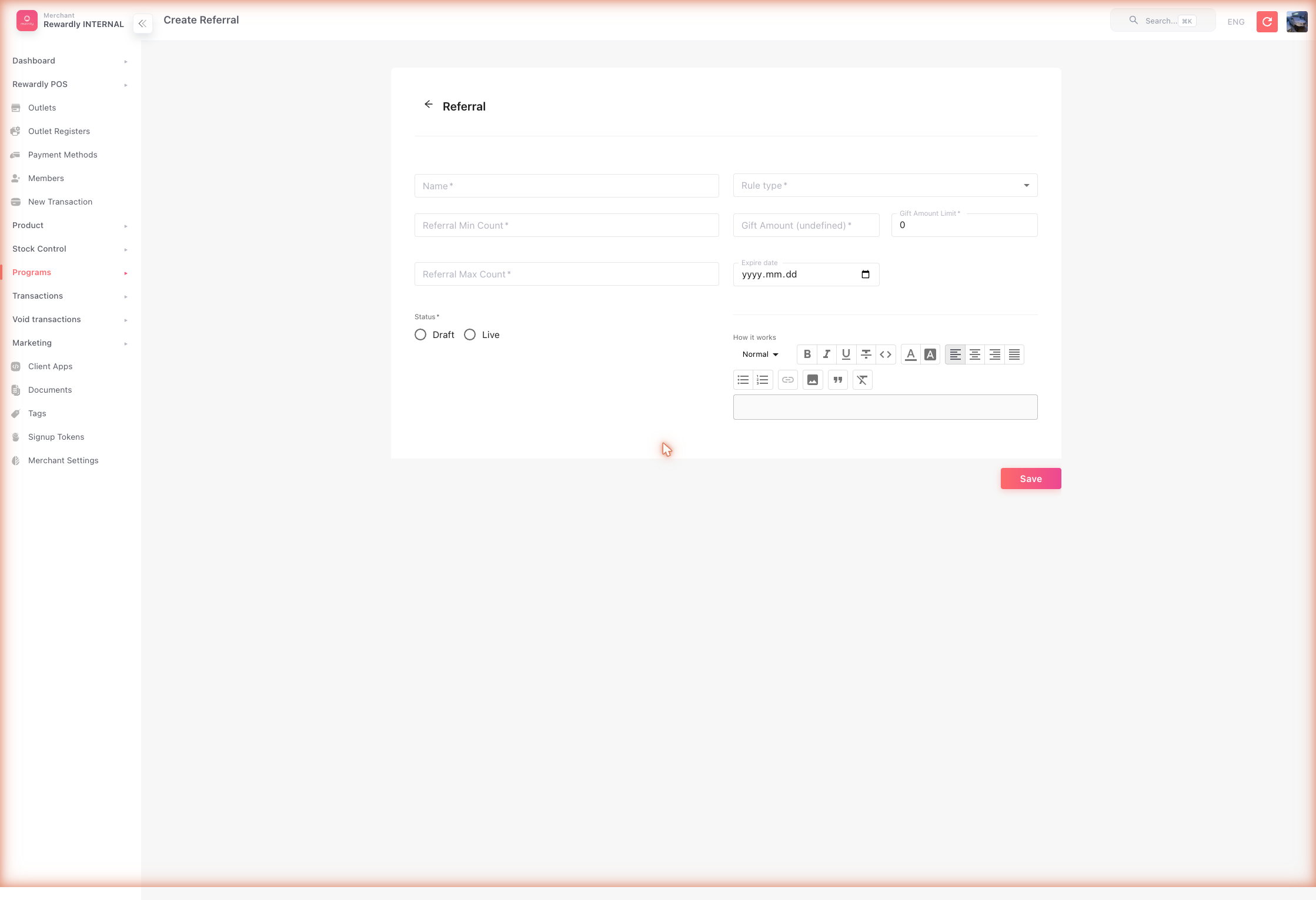 Referral Programs → Create form