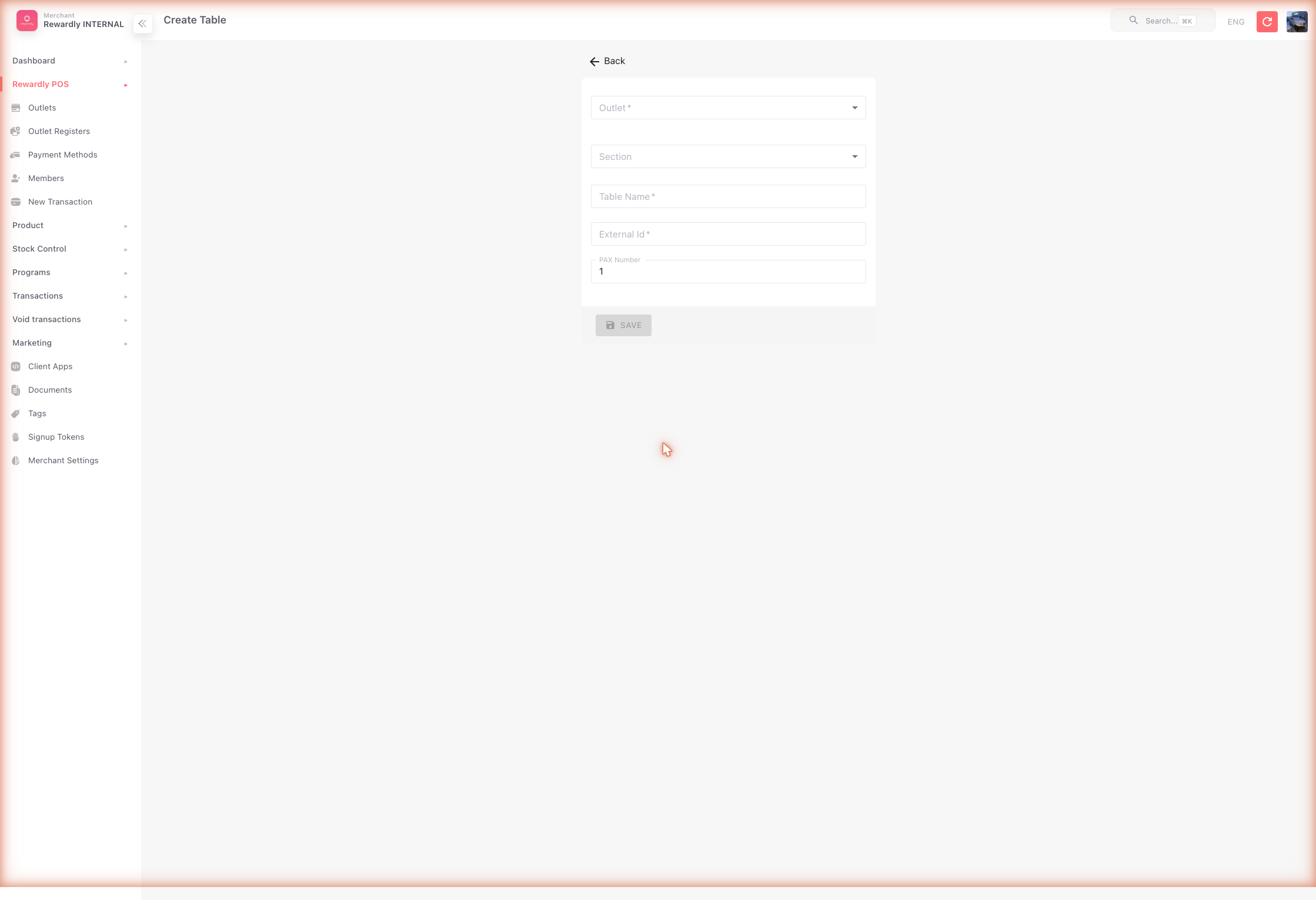 Tables → Create form